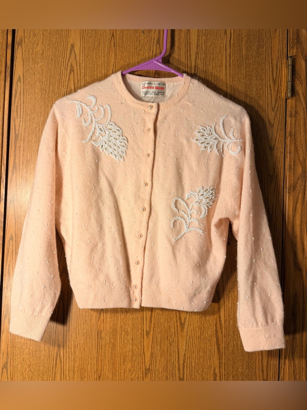 1950’s Bonnie Wong of Hong Kong Hand Beaded Lambs Wool Pin Up Cardigan